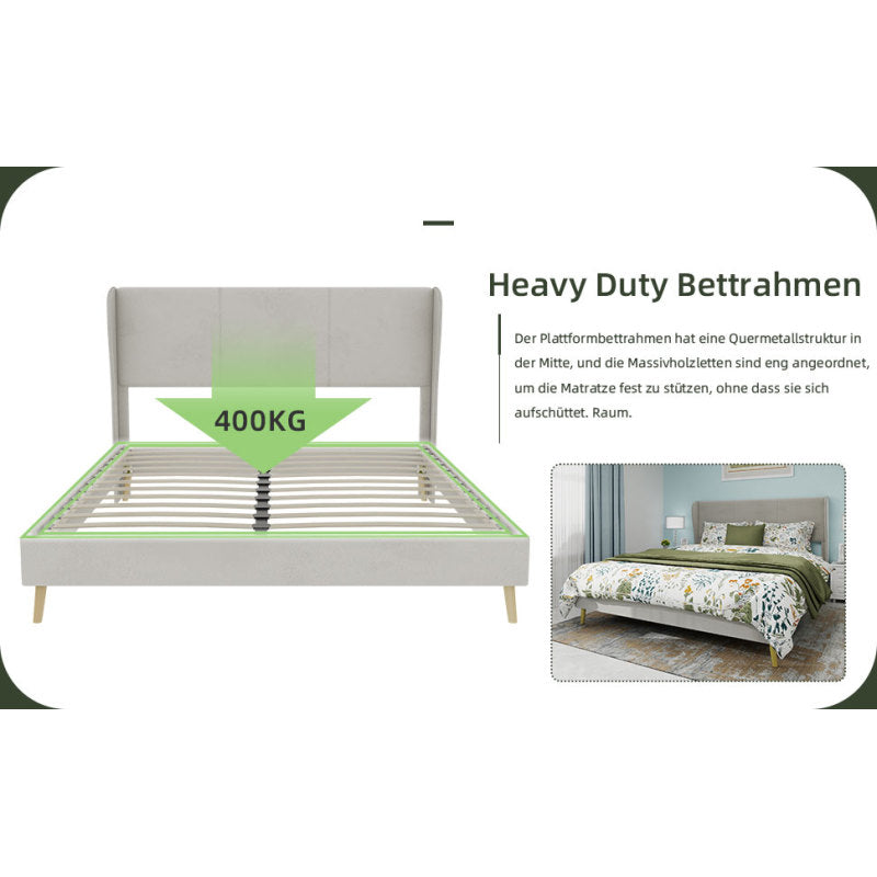 Modern Minimalist Upholstered Bed Frame with Plush Headboard - Queen/King Size (140x200cm), Beige Low-Profile Non-Storage Base, No Box Spring/European Mattress Compatible, Easy Assembly, Durable Non-Wood (Mattress Not Include