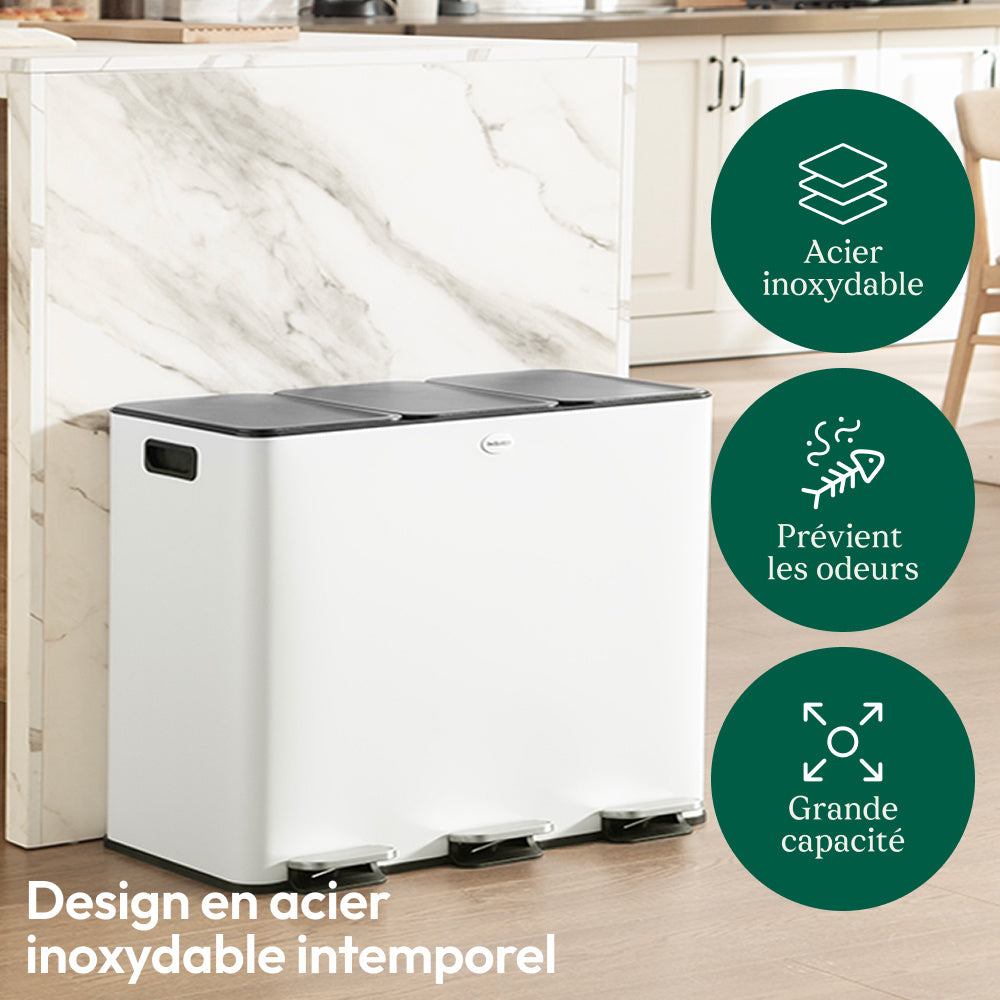 Prullenbak – Afvalbak – Vuilnisemmer – Recyclingbak – 3 Compartimenten – 60 Liter Inox – Voetbediening – Vingerafdrukbestendig