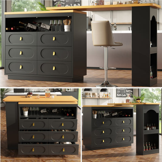Extendable Bar Table with Swivel Function & Storage Drawers - Adjustable Length Modern Metal Space-Saving Design, Black Contemporary Style with Golden-Toned Legs for Kitchen, Living Room, Dining Room, Home Office - Easy Assem