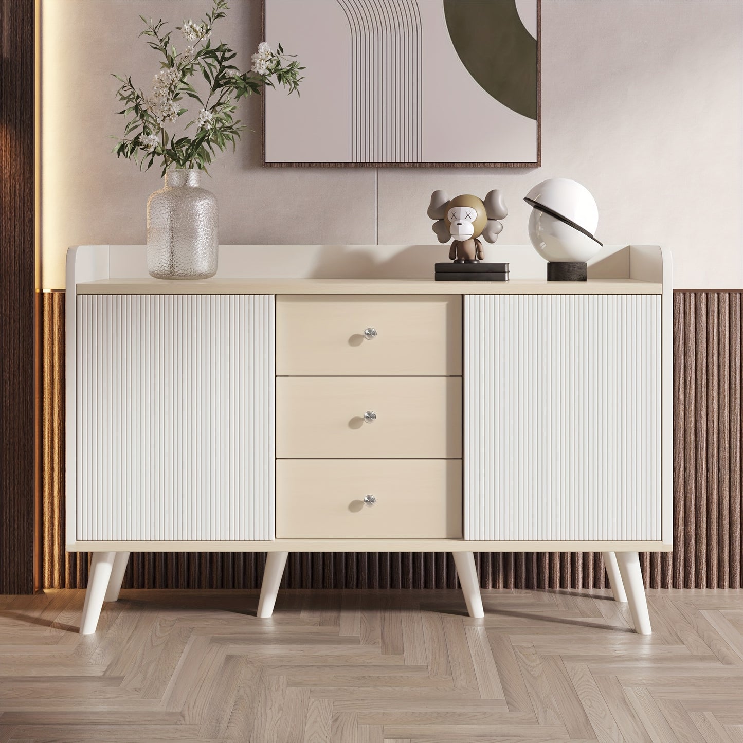 Modern Metal Sideboard Cabinet - Beige/White Storage Organizer with 3 Drawers, Minimalist Living Room & Bedroom Furniture, No Assembly Required, Easy-Clean Surface - Model L117.5cm, Slim Storage Cabinet, Spacesaving Furniture