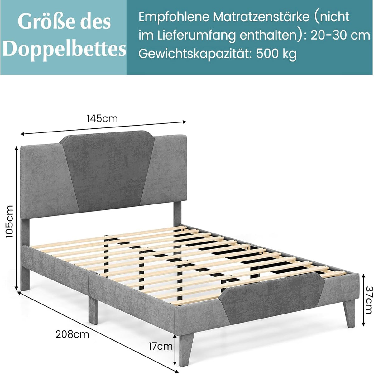 Bedframe – Fluwelen Bed – Gestoffeerd Bed – Lattenbodem Bed – Slaapbed – Massief Houten Lattenbodem – Geen Boxspring Nodig – Eenvoudige Montage – Grijs