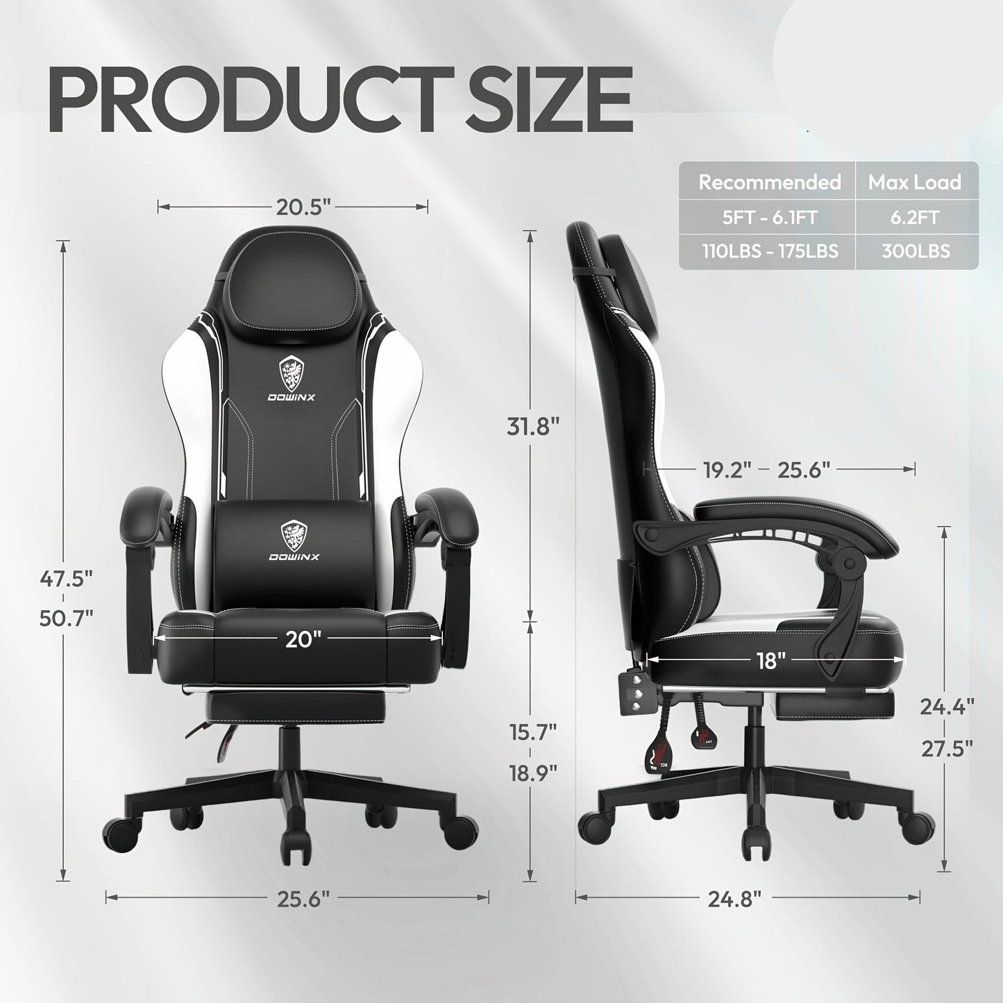 Gamingstoel – Bureaustoel – Speelstoel – Recliner – Ergonomische Stoel – Zwart-Wit – Met Voetsteun – 136 KG Draagvermogen – Verstelbare Hoogte & Rugleuning