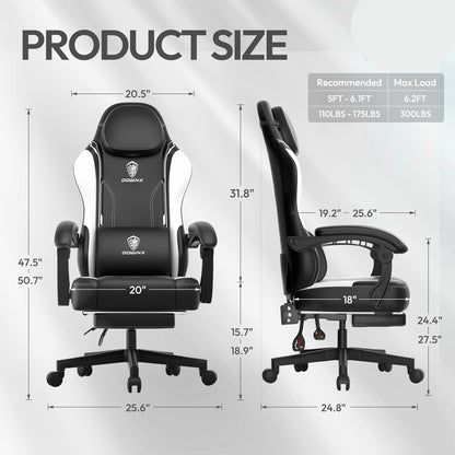 Gamingstoel – Bureaustoel – Speelstoel – Recliner – Ergonomische Stoel – Zwart-Wit – Met Voetsteun – 136 KG Draagvermogen – Verstelbare Hoogte & Rugleuning