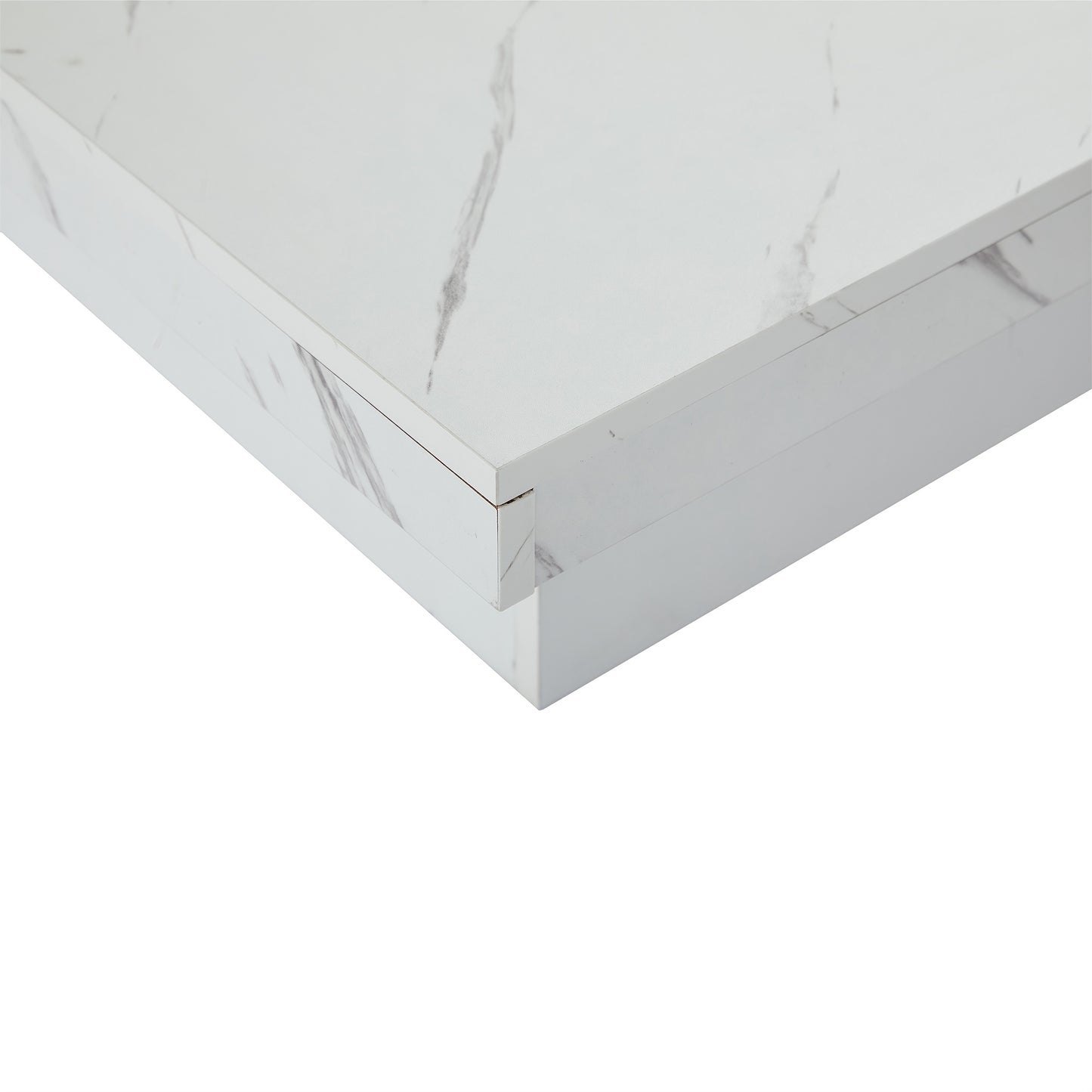 Modern White Square Coffee Table with Marble Texture, Size 90 X 90 X 25cm, Equipped with Four Drawers, Sliding Table Top, Load Capacity Up to 30kg,  Contemporary Style, Minimalist Design, Storage Table, Compact Table, Small S