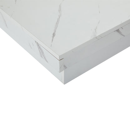 Modern White Square Coffee Table with Marble Texture, Size 90 X 90 X 25cm, Equipped with Four Drawers, Sliding Table Top, Load Capacity Up to 30kg,  Contemporary Style, Minimalist Design, Storage Table, Compact Table, Small S