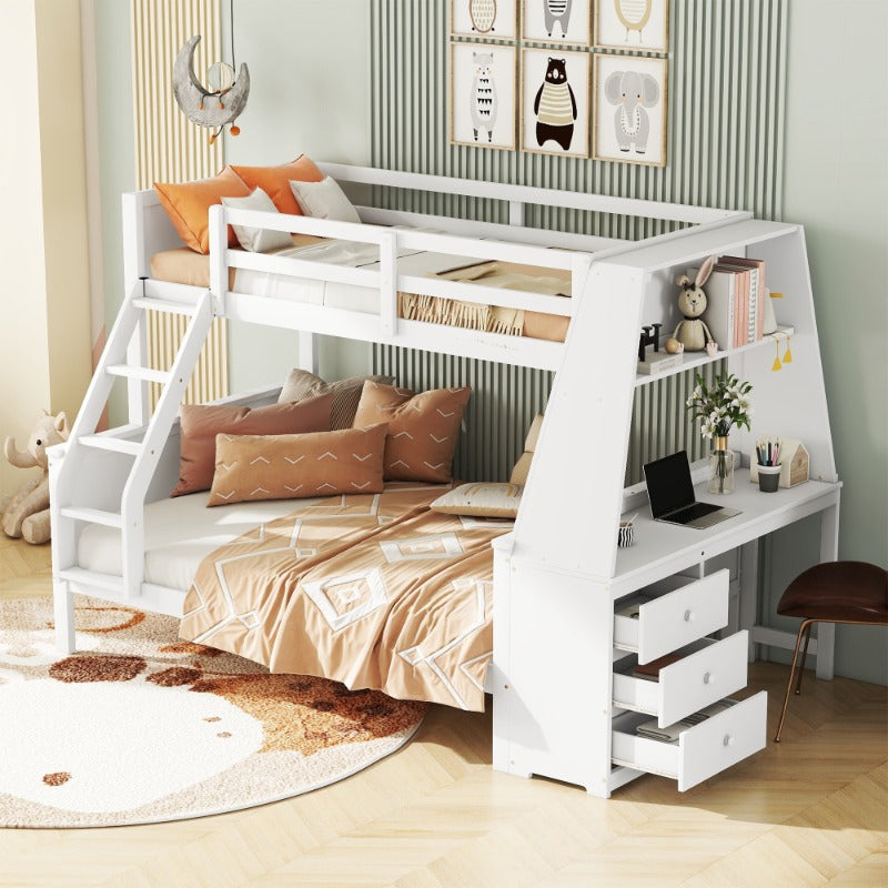 Stapelbed – Hoogslaper – Halfhoogslaper – Kinderbed – Multifunctioneel Bed – Wit – Met Bureau en Opbergruimte – 90x200 & 140x200 cm – Hoge Veiligheidsschuif