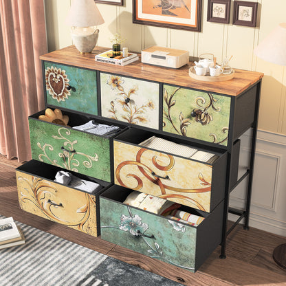 Commode – Ladekast – Dressoir – Kast – Opberger – Retro Patroon – 7 Stoffen Lades – Metaal Frame Met Houten Blad