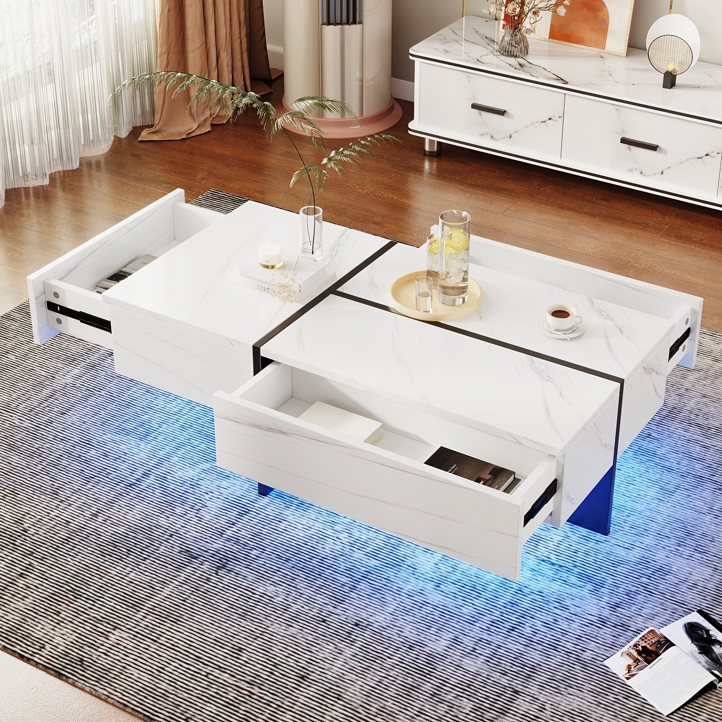 High-gloss Coffee Table, White Faux Marble Structure, Black Matching Table, Living Room Furniture, 100*50*34.5 Cm