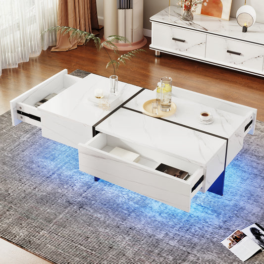 High-gloss Coffee Table, White Faux Marble Structure, Black Matching Table, Living Room Furniture, 100*50*34.5 Cm