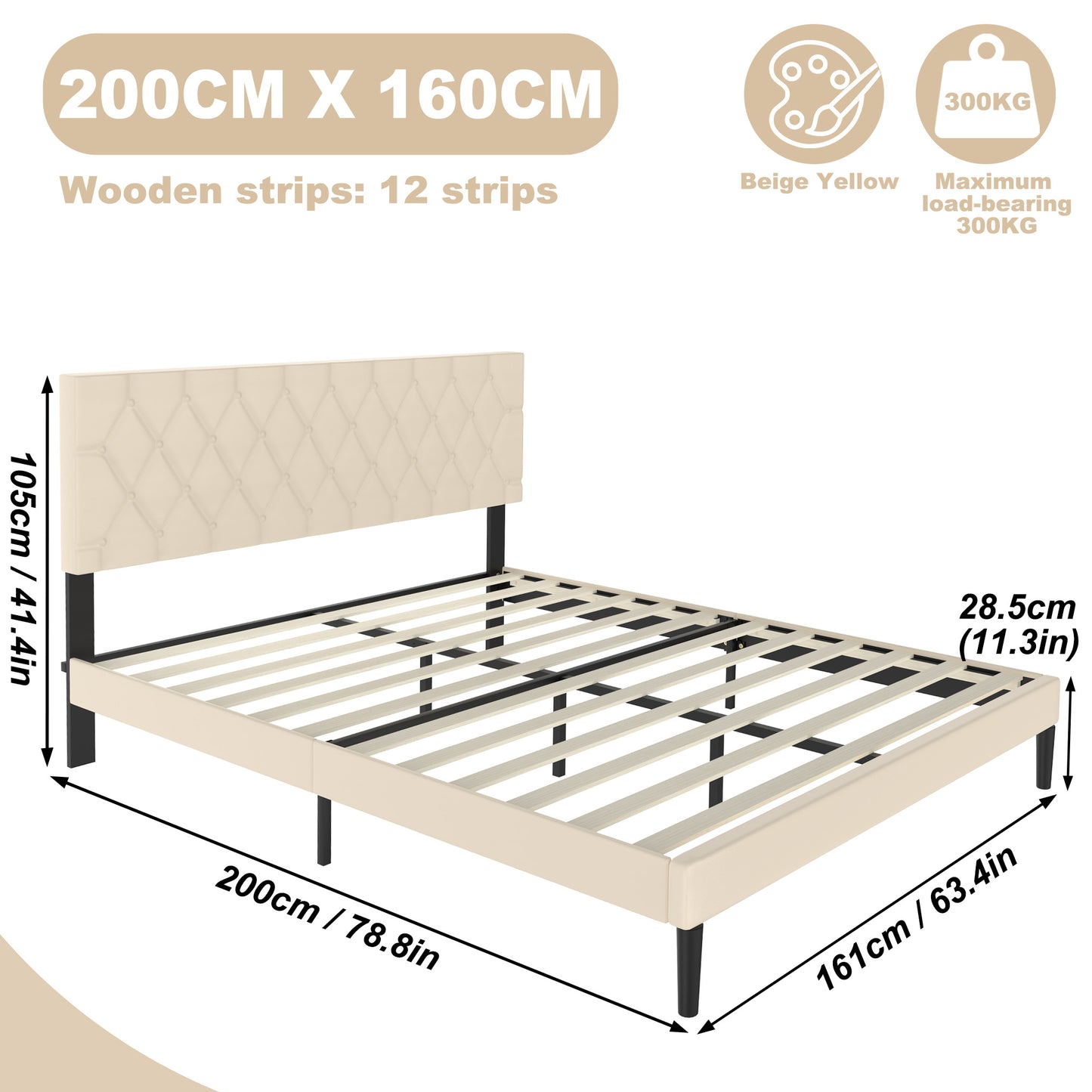 Modern Upholstered Bed: 90/140/160x200 cm with Soft Fabric, Sleek Minimalist Style, and 300kg Load Capacity in Black/Beige Leather style