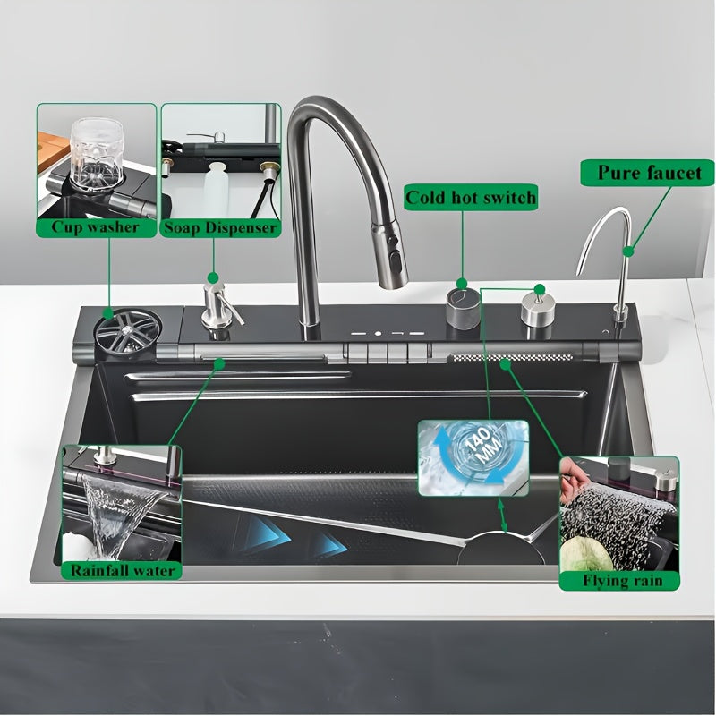 Keukenkraan – Keukenmengkraan – Uittrekbare Kraan – Spoelkraan – Mengkraan – Roestvrijstaal – Gunmetal Grijs – 75x45 cm Grote Enkele Kom – Digitale Waterstanden Met Pull-down Kraan