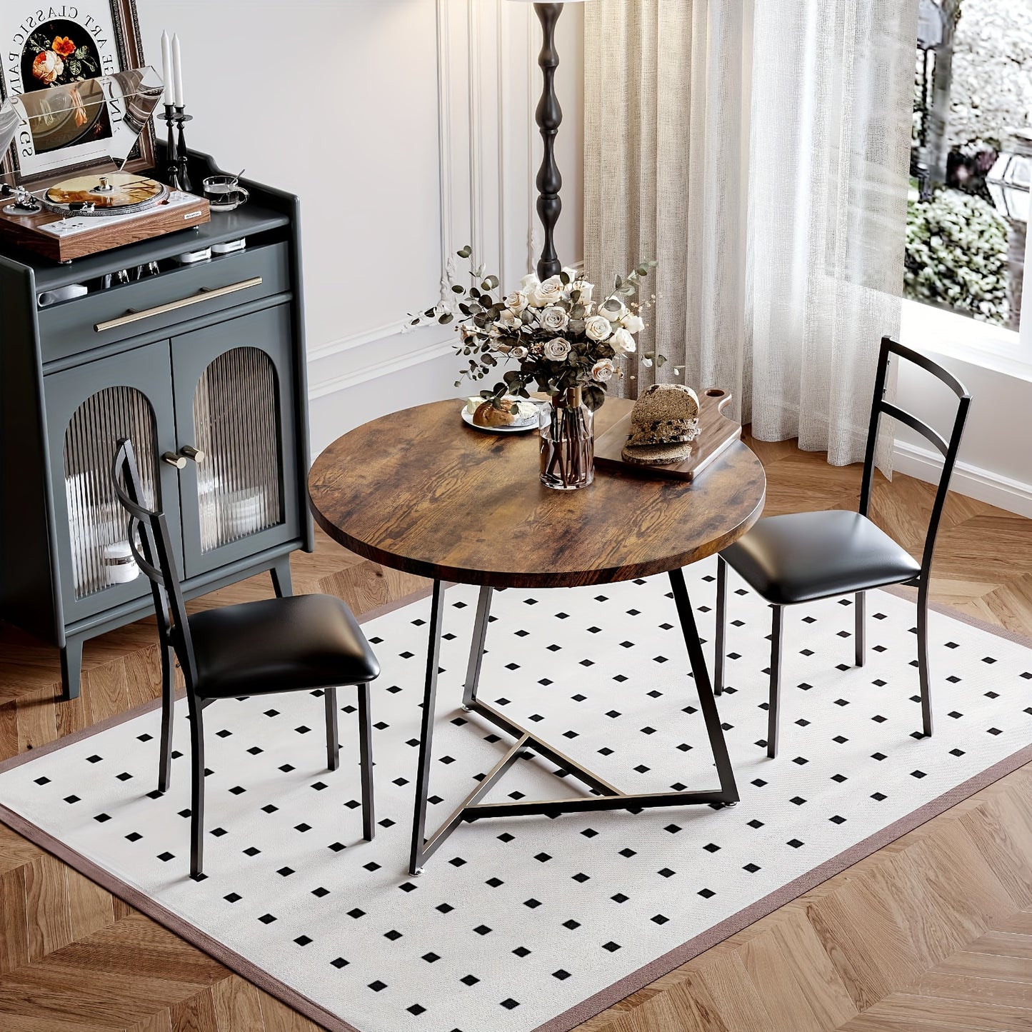 Ronde Eettafelset 2 Personen – Eettafel Rond – Tafel Met Stoelen – Compacte Eettafel – Kleine Eettafelset – Houtlook Tafelblad – Zwart Metalen Onderstel – Ruimtebesparend Ontwerp – Comfortabele Beklede Stoelen