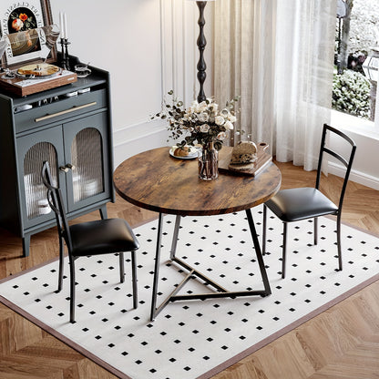Ronde Eettafelset 2 Personen – Eettafel Rond – Tafel Met Stoelen – Compacte Eettafel – Kleine Eettafelset – Houtlook Tafelblad – Zwart Metalen Onderstel – Ruimtebesparend Ontwerp – Comfortabele Beklede Stoelen