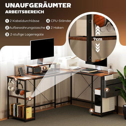 L-Shaped Desk with Adjustable Shelves & Storage Bag, Monitor Stand - Heavy-Duty Hardwood Construction, Space-Saving Curved Design with Sturdy A-Frame Base, Easy Assembly Modern Home Office Desk for Dual Monitor Setup, Space-S