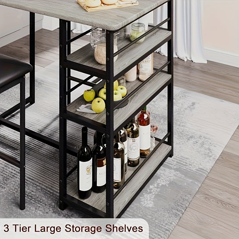 Eettafel Set – Bar Tafel Set – Keukentafel – Bistroset – Kleine Ruimte Meubel – Inclusief Zwart Leren Stoelen – Met Opberglades – Compact Voor Appartement