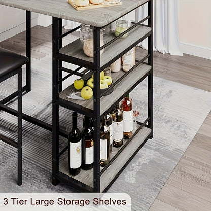 Eettafel Set – Bar Tafel Set – Keukentafel – Bistroset – Kleine Ruimte Meubel – Inclusief Zwart Leren Stoelen – Met Opberglades – Compact Voor Appartement