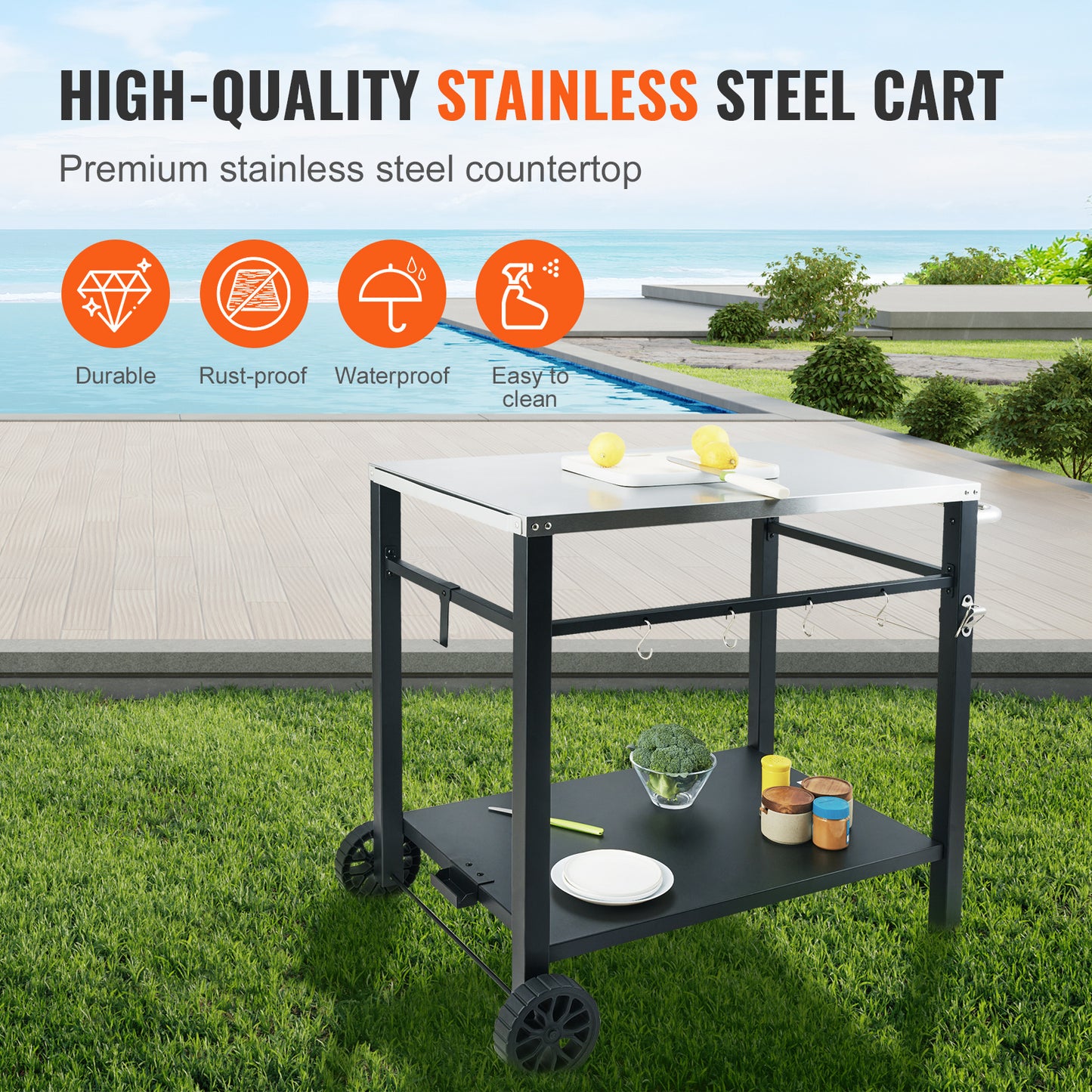 BBQ Werktafel – Barbecue Tafel – Grilltafel – Buitenkeuken Trolley – Werkbank Buiten – Roestvrijstalen Blad – Dubbele Plank – 85x55 cm – Verrijdbaar Met 2 Wielen