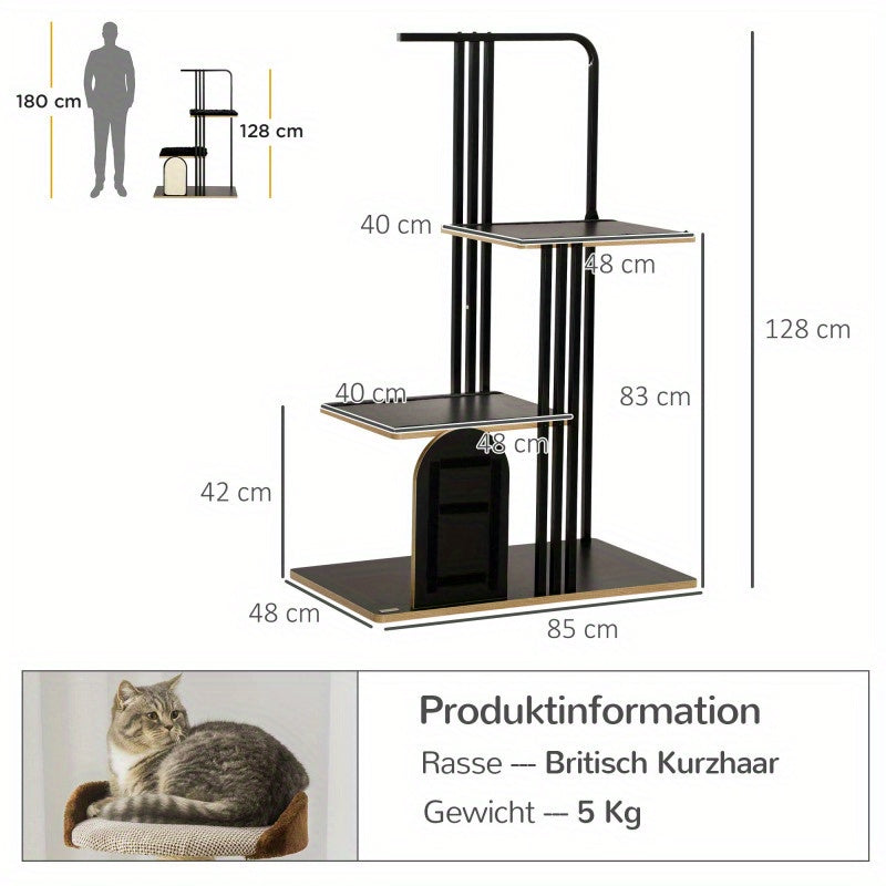 Krabpaal – Kattenkrabpaal – Kattenboom – Kattenmeubel – Kattenhuis – Industrieel Design – 128 cm Hoog – Stalen Constructie Met Sisal Krabvlak & Anti-Kantel Veiligheid – Zwart