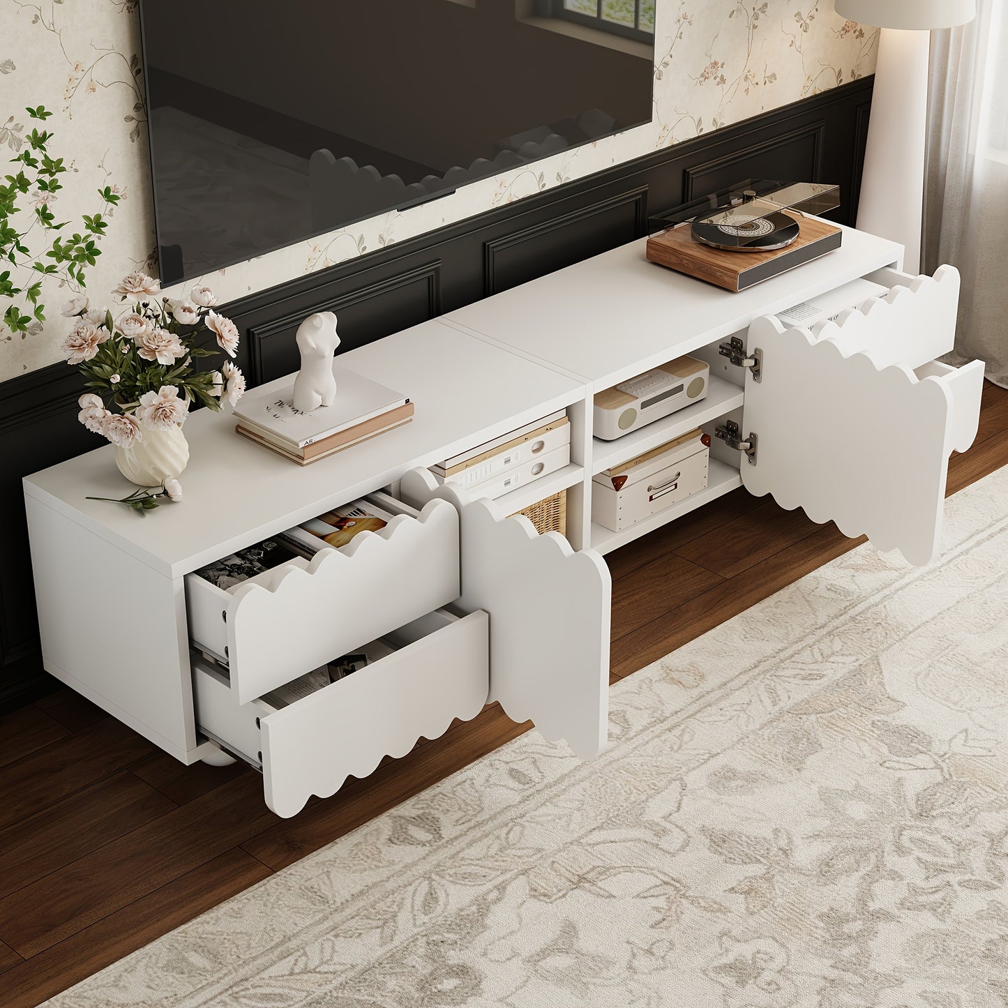 tv meubel – tv kast – tv stand – lowboard – media meubel – wit – modern geschulpte afwerking – bamboe materiaal – 4 lades – 2 kastdeuren – vloerstaand