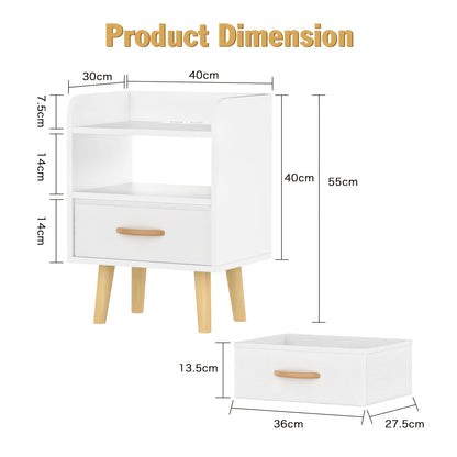 Nachtkastje – Bedside Table – Side Table – End Table – Nightstand – Mid-Century Modern – Wit – Met Lade & Open Plank – Compact 40x30x61 cm – Duurzaam MDF Hout