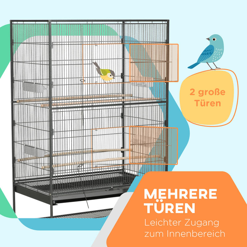 Bird Cage Including Perches, Bird Toys, Removable Bottom Tray, 1 Shelf, Grey