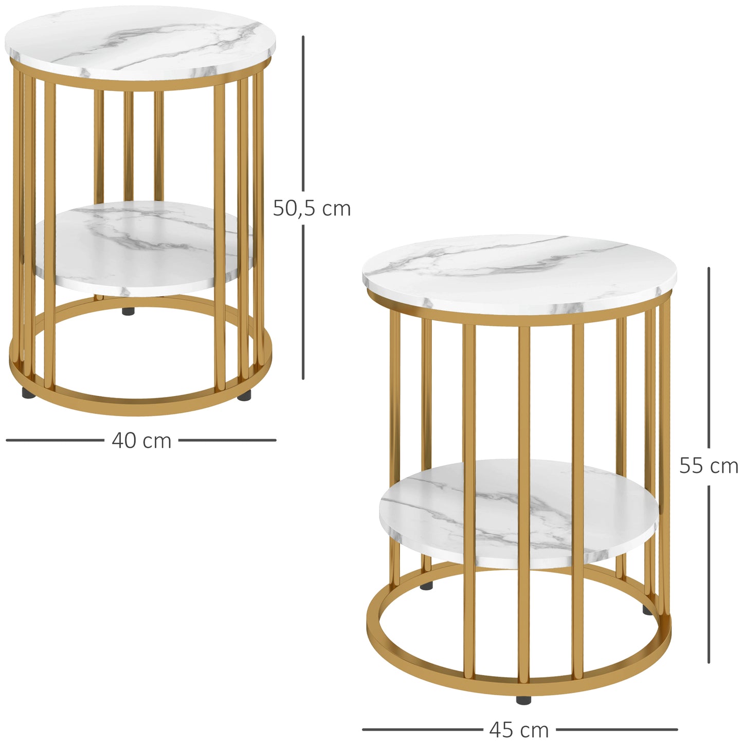 Bijzettafel – Bijzettafels – Salontafel – Nachtkastje – Side Table – Set Van 2 Ronde Tafels – Marmer-Look Tafelblad – Open Opbergruimte Met Metaal Frame