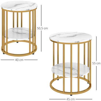 Bijzettafel – Bijzettafels – Salontafel – Nachtkastje – Side Table – Set Van 2 Ronde Tafels – Marmer-Look Tafelblad – Open Opbergruimte Met Metaal Frame