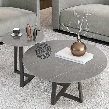 Bijzettafels – Salontafels – Side Tables – Tafeltjes – Nachtkastjes – Set Van 2 Ronde Tafels Zwart – Marmerlook Gesinterd Steen – Zwart Metaalframe