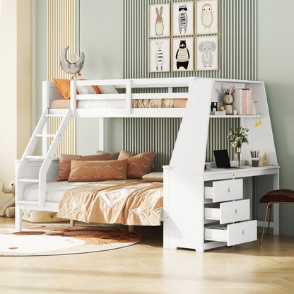 Stapelbed – Hoogslaper – Halfhoogslaper – Kinderbed – Multifunctioneel Bed – Wit – Met Bureau en Opbergruimte – 90x200 & 140x200 cm – Hoge Veiligheidsschuif