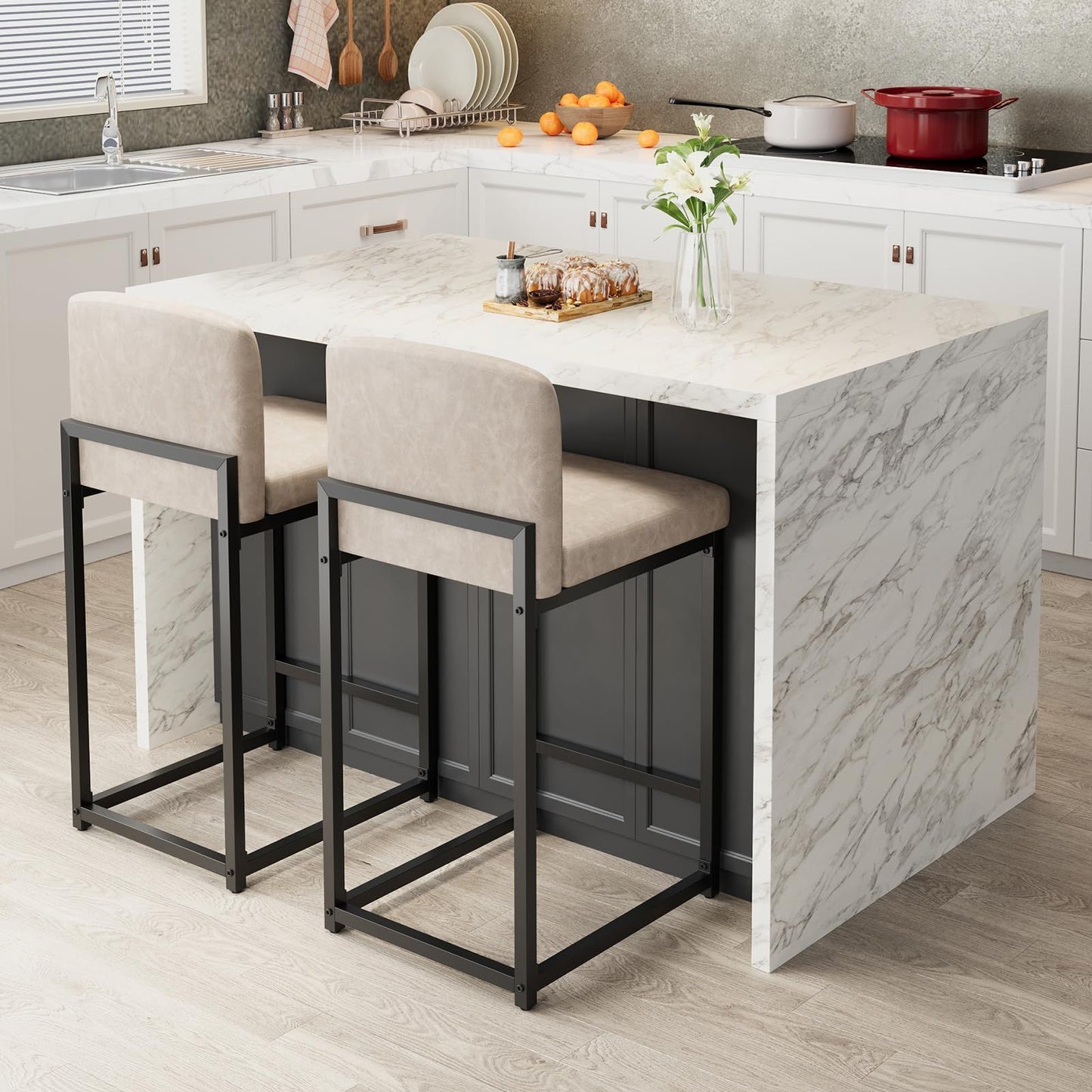 Counter Height Bar Stool | Upholstery Supportive Backrest, Sturdy Metal Legs, Ideal for Island, Dining Room, Living Room, Apartment