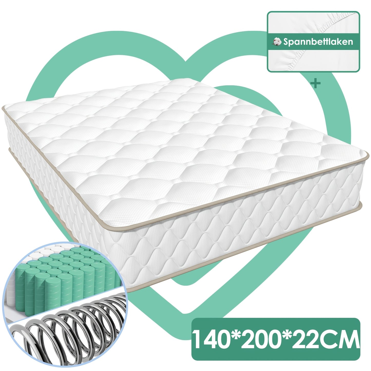 Ergonomisch Pocketvering Matras – 7-Zone Matras – Pillowtop Matras – Medium Stevig Matras – Hoeslaken – 140x200x22 cm – Hypoallergeen – Ademend Katoen