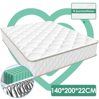 Ergonomisch Pocketvering Matras – 7-Zone Matras – Pillowtop Matras – Medium Stevig Matras – Hoeslaken – 140x200x22 cm – Hypoallergeen – Ademend Katoen