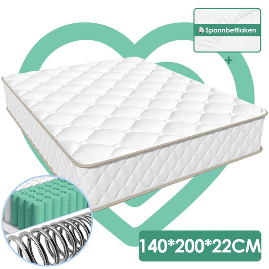 Ergonomisch Pocketvering Matras – 7-Zone Matras – Pillowtop Matras – Medium Stevig Matras – Hoeslaken – 140x200x22 cm – Hypoallergeen – Ademend Katoen