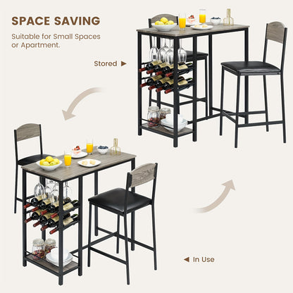 2-in-1 Counter Height Bar Table Set with Storage Shelf & Wine Rack - Space-Saving 3pcs Modern Dining Table with Cup Holders, Foldable Design