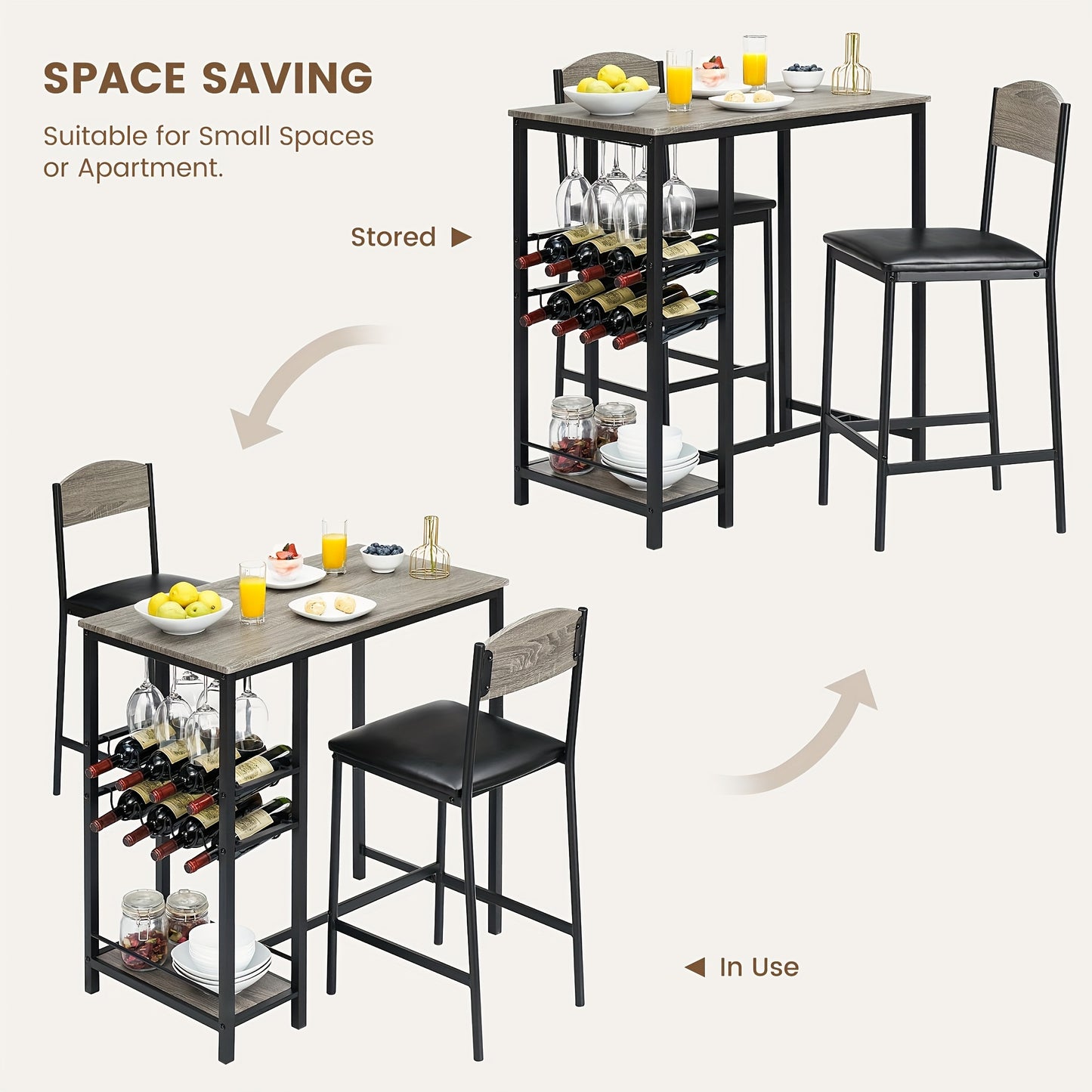 2-in-1 Counter Height Bar Table Set with Storage Shelf & Wine Rack - Space-Saving 3pcs Modern Dining Table with Cup Holders, Foldable Design