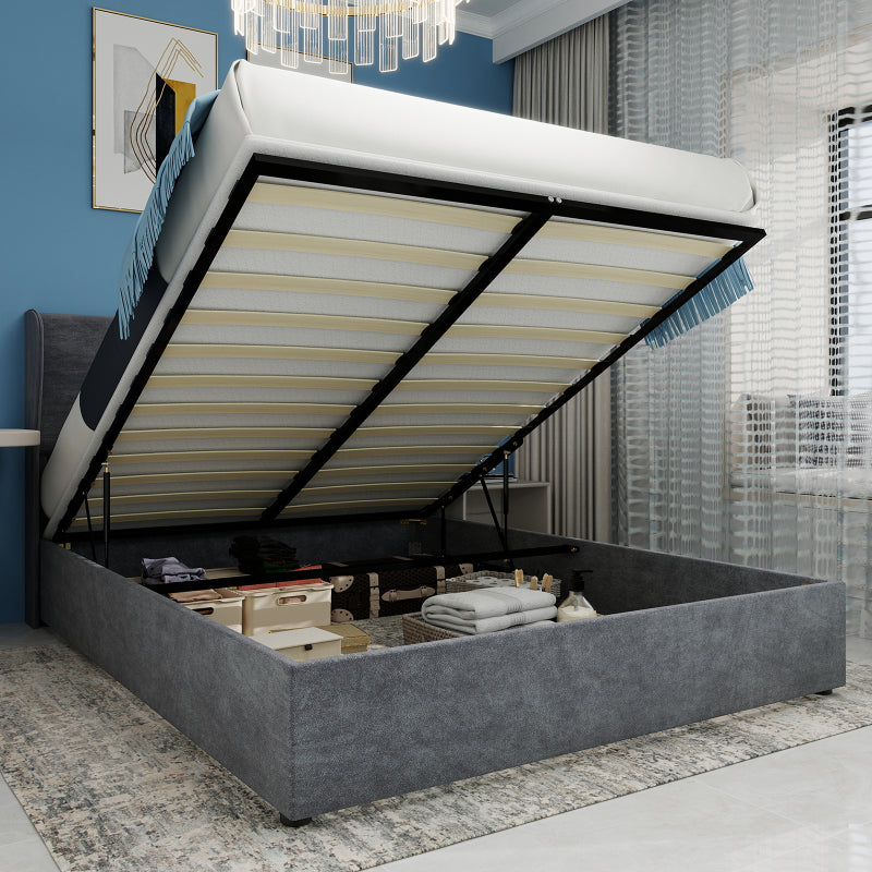 Bed – Ledikant – Slaapbank – Boxspring – Bedframe – Grijs Fluwelen Hoofdbord – Opbergruimte Met Gaslift – 160x200 cm – Modern Minimalistisch – Geen Montage Nodig