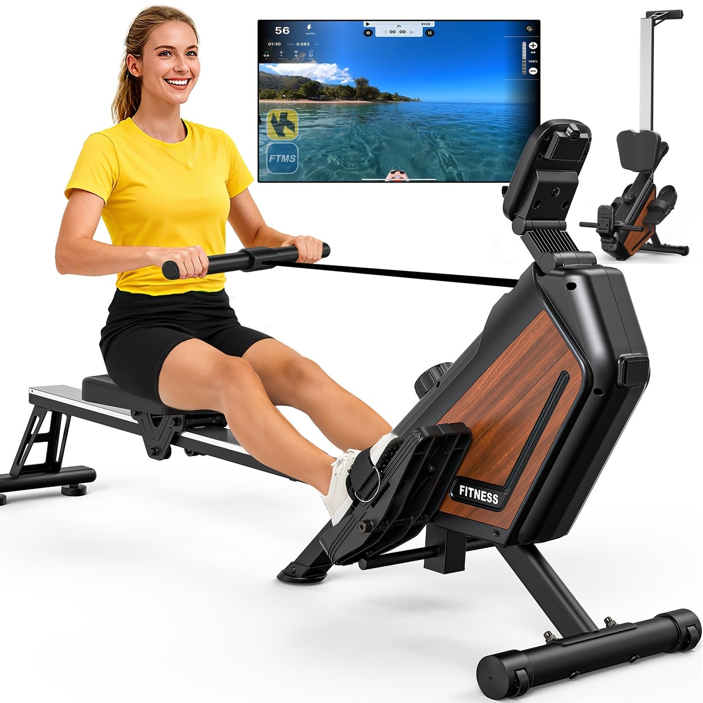 Roeitrainer – Roeimachine – Fitnessapparaat – Cardioapparaat – Homegym – Opvouwbaar – Magnetisch Weerstandssysteem 16 Niveaus – RVS Frame 160 kg Draagvermogen – Zwart – Draadloos Zonder Batterij