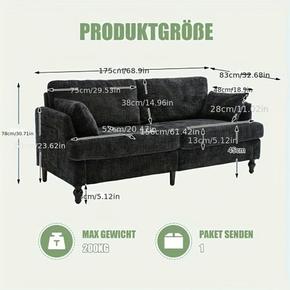 2-Zits Bank – Compacte Sofa – Tweezits Fauteuil – Loveseat – Zithoek – Chenille Bekleding – Stevige Houten Poten – Met Opbergzak – Zwart – Ruimtebesparend Design