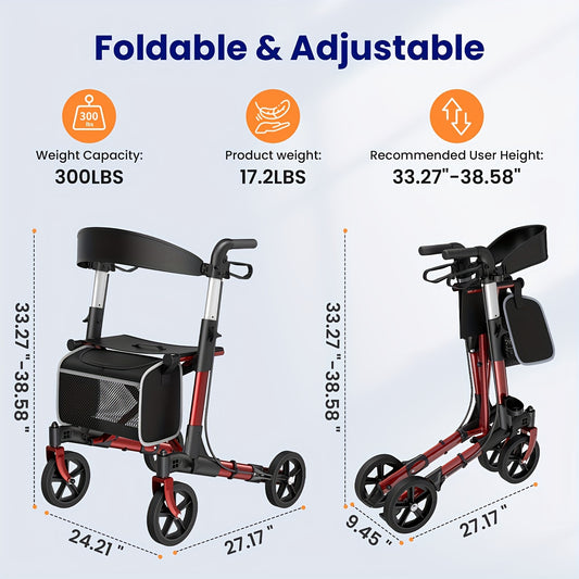 Rollator – Wandelwagen – Looprek – Mobiliteitshulpmiddel – Rollator Met Zitje – Opvouwbaar Rood – Stevig Aluminium Frame – Grote 20,32 cm Wielen