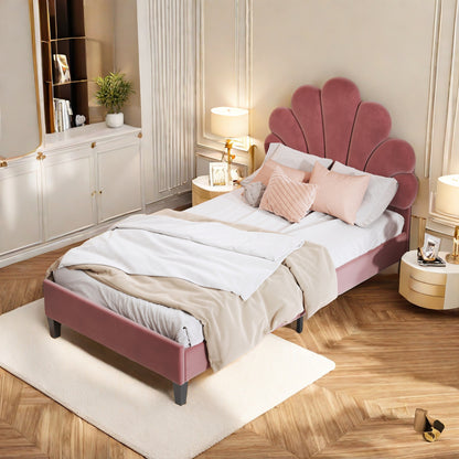 Bedframe – Bed – Gestoffeerd Bed – Houten Bed – Slaapbank – 90x200 cm – Fluwelen Bloemvormig Hoofdbord – Comfortabel & Warm – Beige