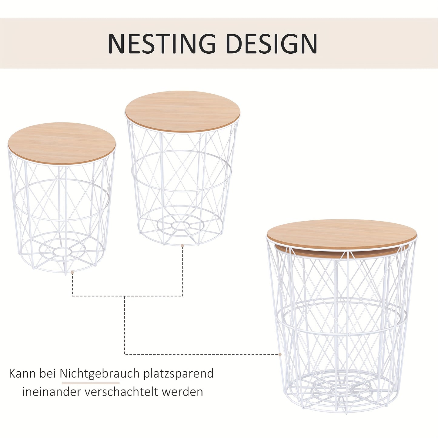 Bijzettafel – Bijzettafels – Sidetable – Nachtkastje – Salontafel – Set van 2 – Natuurlijk Wit – Metaal & MDF – Afmeting 40x45 cm