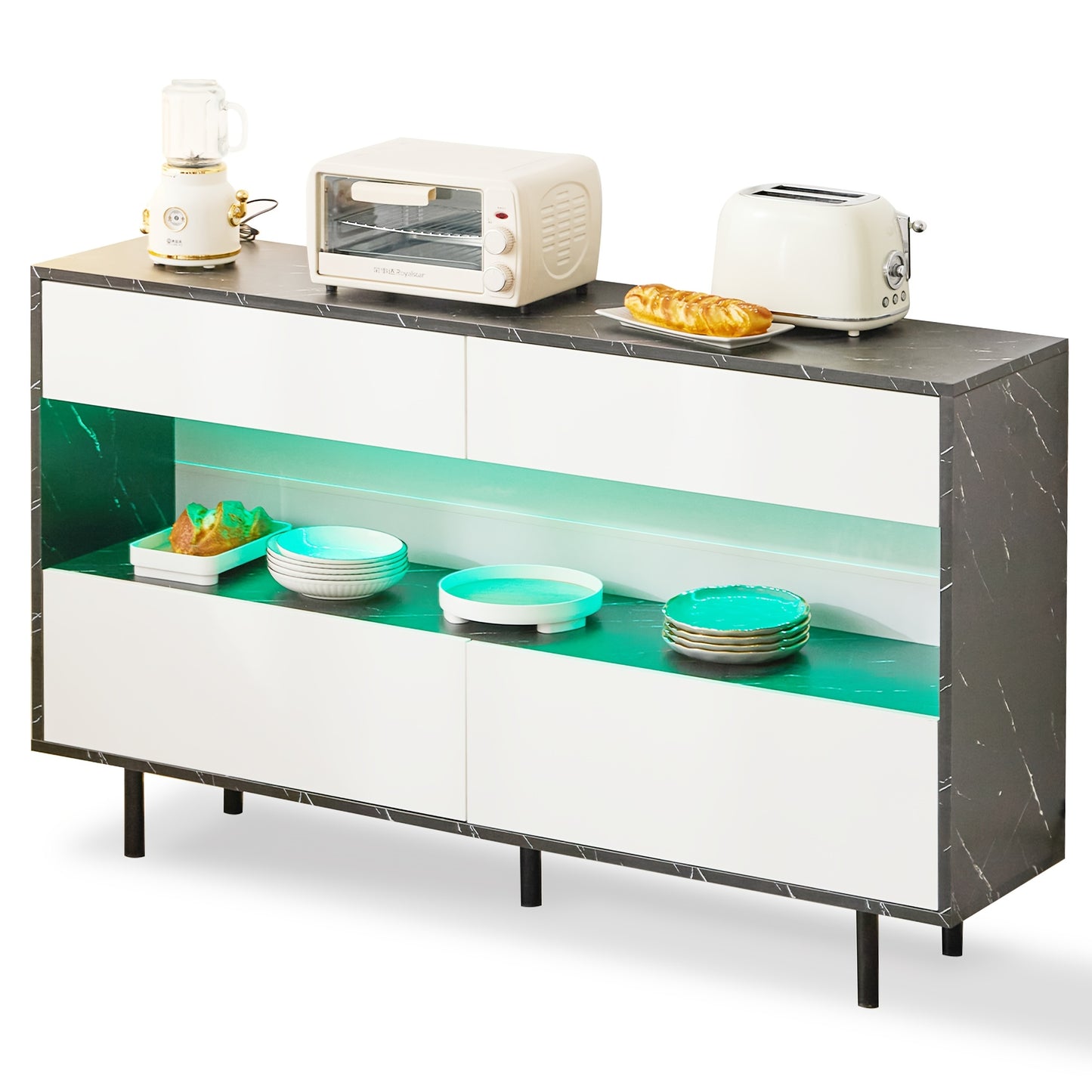 Sideboard – Dressoir – Opberger – Kast – Meubel – Zwart Marmerdesign – 4 Lades – Metalen Frame