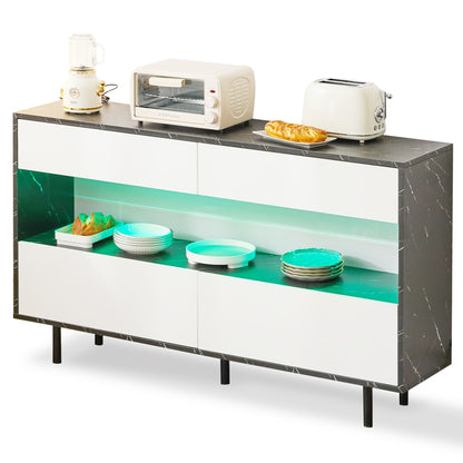 Sideboard – Dressoir – Opberger – Kast – Meubel – Zwart Marmerdesign – 4 Lades – Metalen Frame