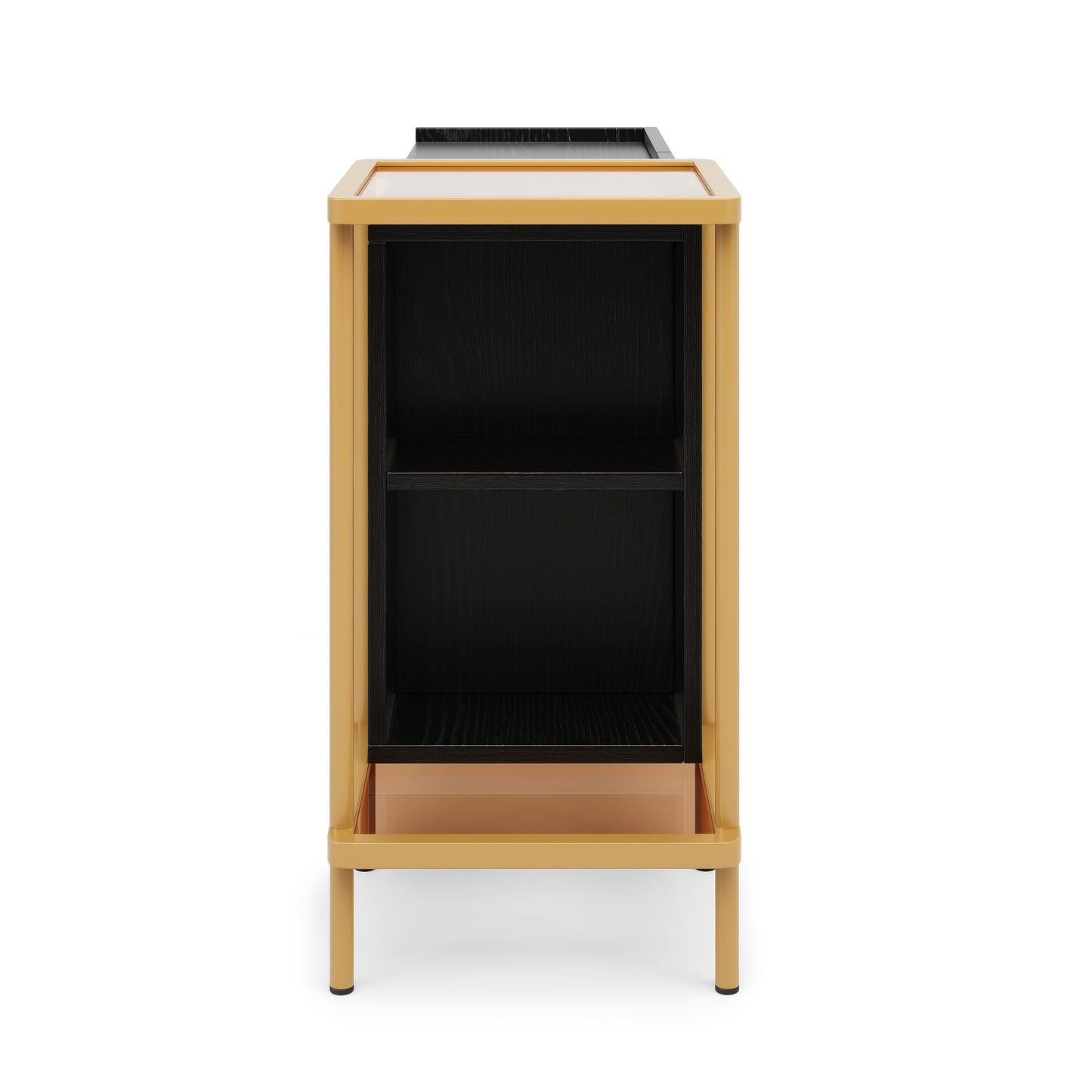Modern White & Black Metal Sideboard with Glass Doors & Open Shelves - 2-Door Contemporary Storage Cabinet, Space-Saving Design for Small Spaces, 120x40x77.5cm, Durable Metal Construction, Ideal for Living Room, Entryway, Hal