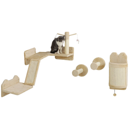 Wandrek Kat – Kattenmeubel – Klimmeubel Kat – Krabpaal Wand – Speelmeubel Kat – Beige Kleur – Ruimtebesparend Ontwerp – Inclusief Krabpalen en Speelplatform