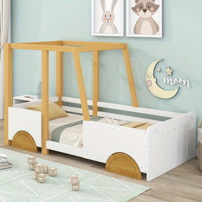 Auto Bed – Kinderbed – Speelbed – Peuterbed – Juniorbed – MDF Wielen – Pin Frame Wit Natuurkleur – Afmeting 90x200 cm