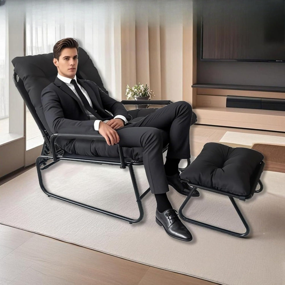 Relaxstoel – Lounge Stoel – Fauteuil – Ligstoel – Schommelstoel – Verstelbaar Met Voetenbank – Ergonomische Armleuningen – Duurzaam Metalen Frame – Zacht Kussen – Geschikt Binnen Buiten – Grijs Zwart