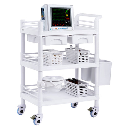 Medische Trolley – Mobiele Werkkar – Opslagwagen – Laboratoriumkar – Kliniektrolley – 3 Lagen Met 3 Afvalbakken – Duurzaam PP-Materiaal – 4 Stille Wielen