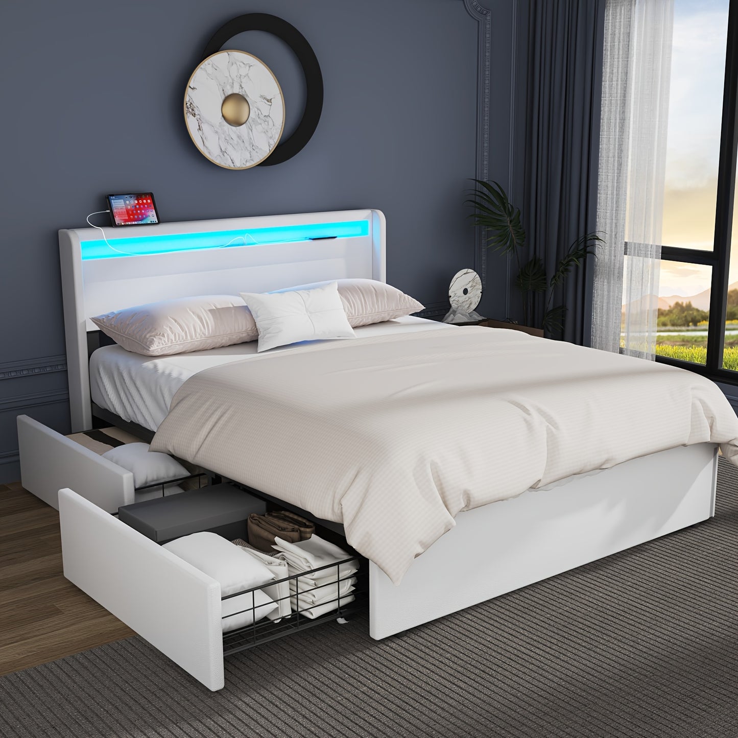 Bedframe – Tweepersoonsbed – Opbergbed – Gestoffeerd Bed – Led Bed – 140x200 cm – Met 4 Lades – USB RGB Verlichting