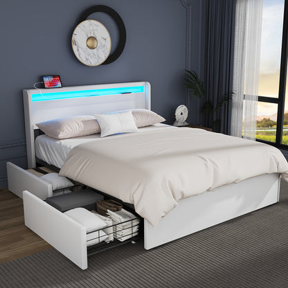 Bedframe – Tweepersoonsbed – Opbergbed – Gestoffeerd Bed – Led Bed – 140x200 cm – Met 4 Lades – USB RGB Verlichting